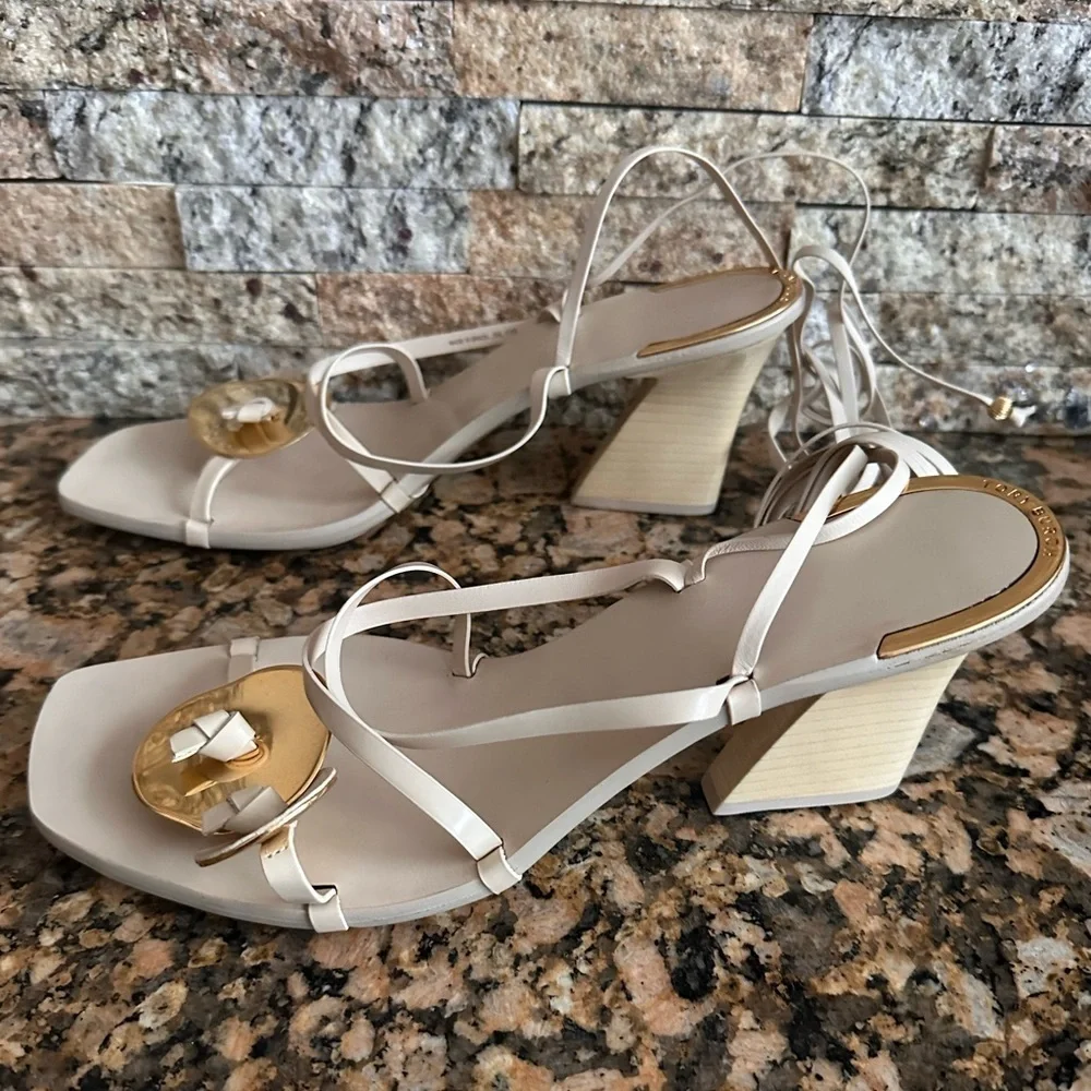 Tory Burch Knotted Leather Ankle-Tie Sandals New Cream